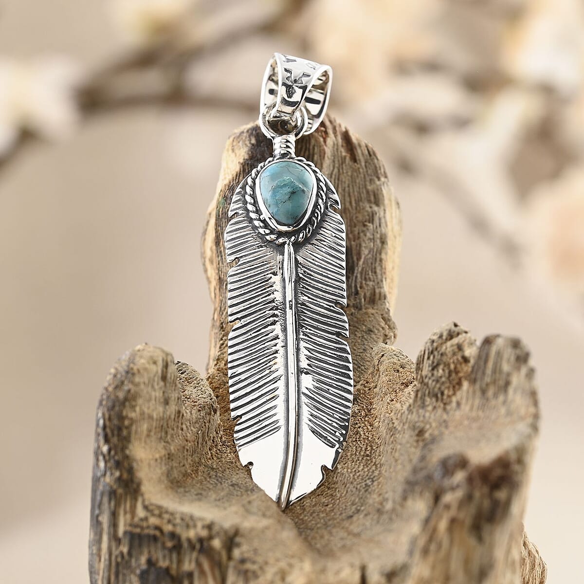 Santa Fe Style Turquoise Feather Pendant in Sterling Silver 3.00 ctw image number 1