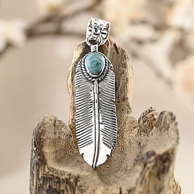 Santa Fe Style Turquoise Feather Pendant in Sterling Silver 3.00 ctw
