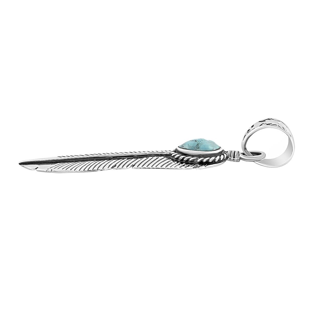 Santa Fe Style Turquoise Feather Pendant in Sterling Silver 3.00 ctw image number 3