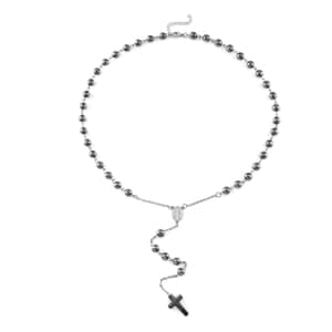 Terahertz and Hematite Beaded Rosary Necklace 26 Inches in Silvertone and Stainless Steel 170.00 ctw