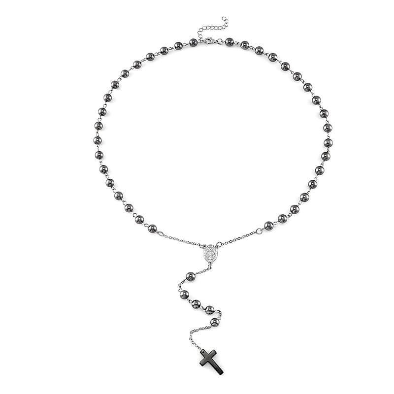 Terahertz and Hematite 170.00 ctw Beaded Rosary Necklace 26 Inches in Silvertone and Stainless Steel