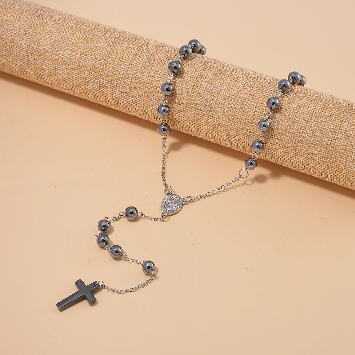 Terahertz and Hematite 170.00 ctw Beaded Rosary Necklace 26 Inches in Silvertone and Stainless Steel