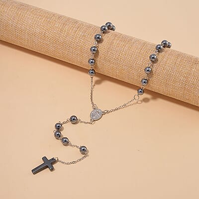 Terahertz and Hematite 170.00 ctw Beaded Rosary Necklace 26 Inches in Silvertone and Stainless Steel