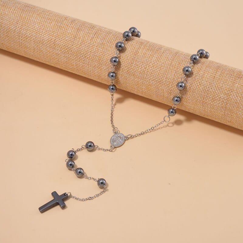 Terahertz and Hematite 170.00 ctw Beaded Rosary Necklace 26 Inches in Silvertone and Stainless Steel
