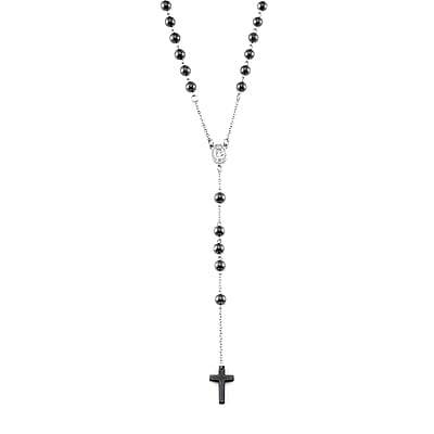 Terahertz and Hematite 170.00 ctw Beaded Rosary Necklace 26 Inches in Silvertone and Stainless Steel
