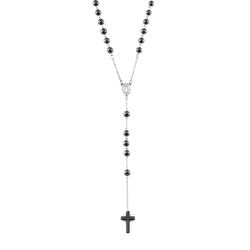 Terahertz and Hematite 170.00 ctw Beaded Rosary Necklace 26 Inches in Silvertone and Stainless Steel