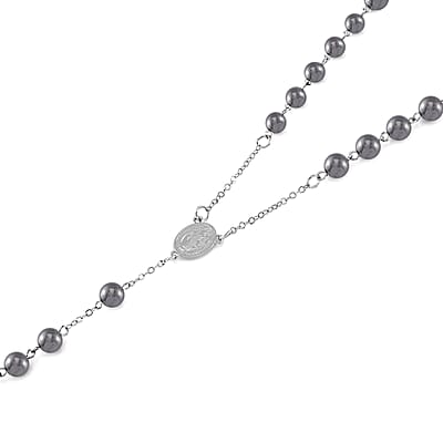 Terahertz and Hematite 170.00 ctw Beaded Rosary Necklace 26 Inches in Silvertone and Stainless Steel