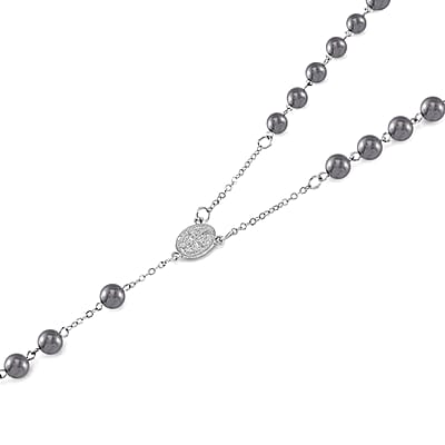 Terahertz and Hematite 170.00 ctw Beaded Rosary Necklace 26 Inches in Silvertone and Stainless Steel