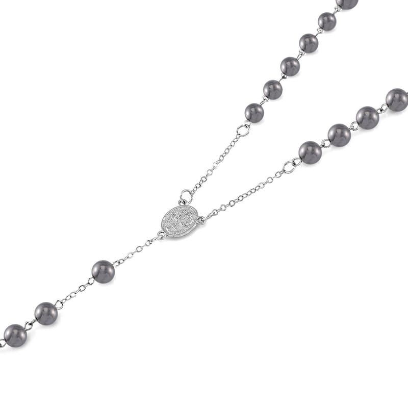 Terahertz and Hematite 170.00 ctw Beaded Rosary Necklace 26 Inches in Silvertone and Stainless Steel