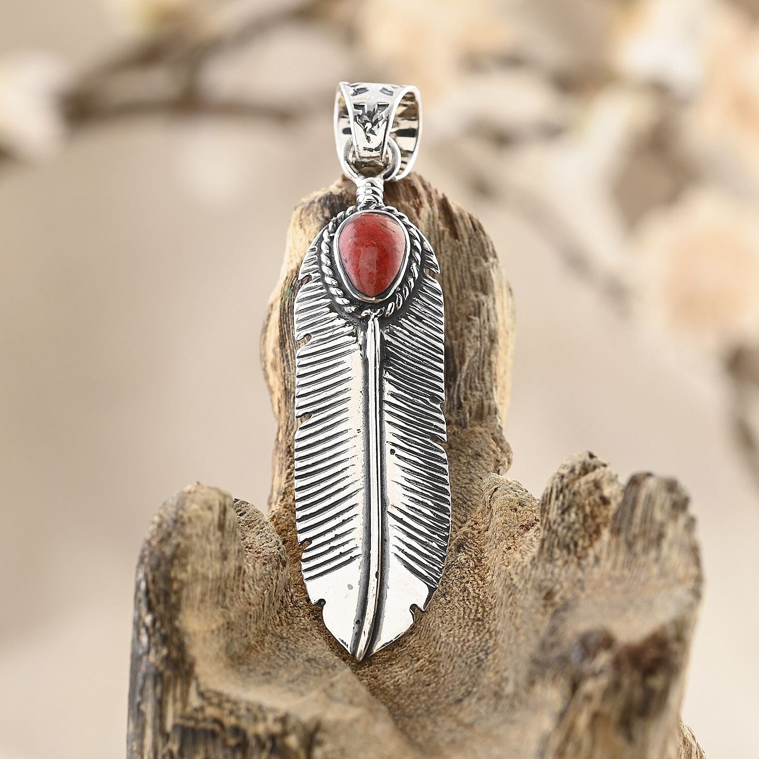 Santa Fe Style Red Coral Feather Pendant without Chain in Sterling Silver 3.00 ctw