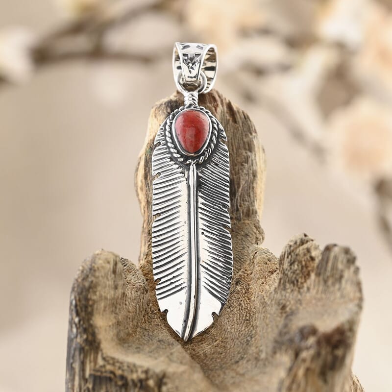 Santa Fe Style Red Coral Feather Pendant without Chain in Sterling Silver 3.00 ctw