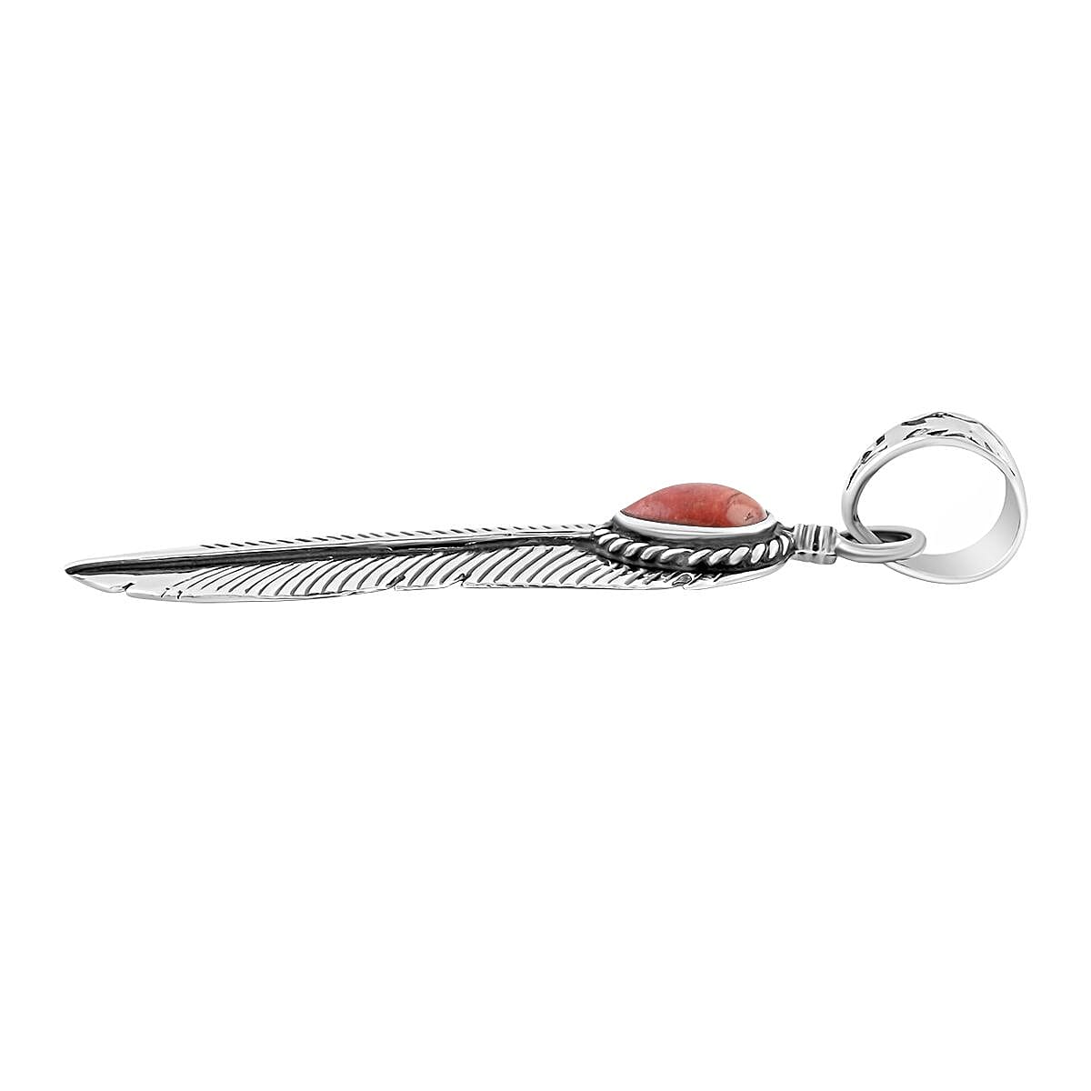 Santa Fe Style Red Coral Feather Pendant without Chain in Sterling Silver 3.00 ctw
