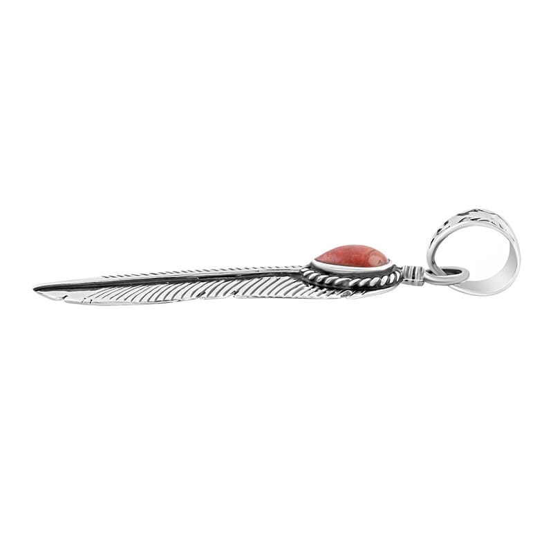Santa Fe Style Red Coral Feather Pendant without Chain in Sterling Silver 3.00 ctw