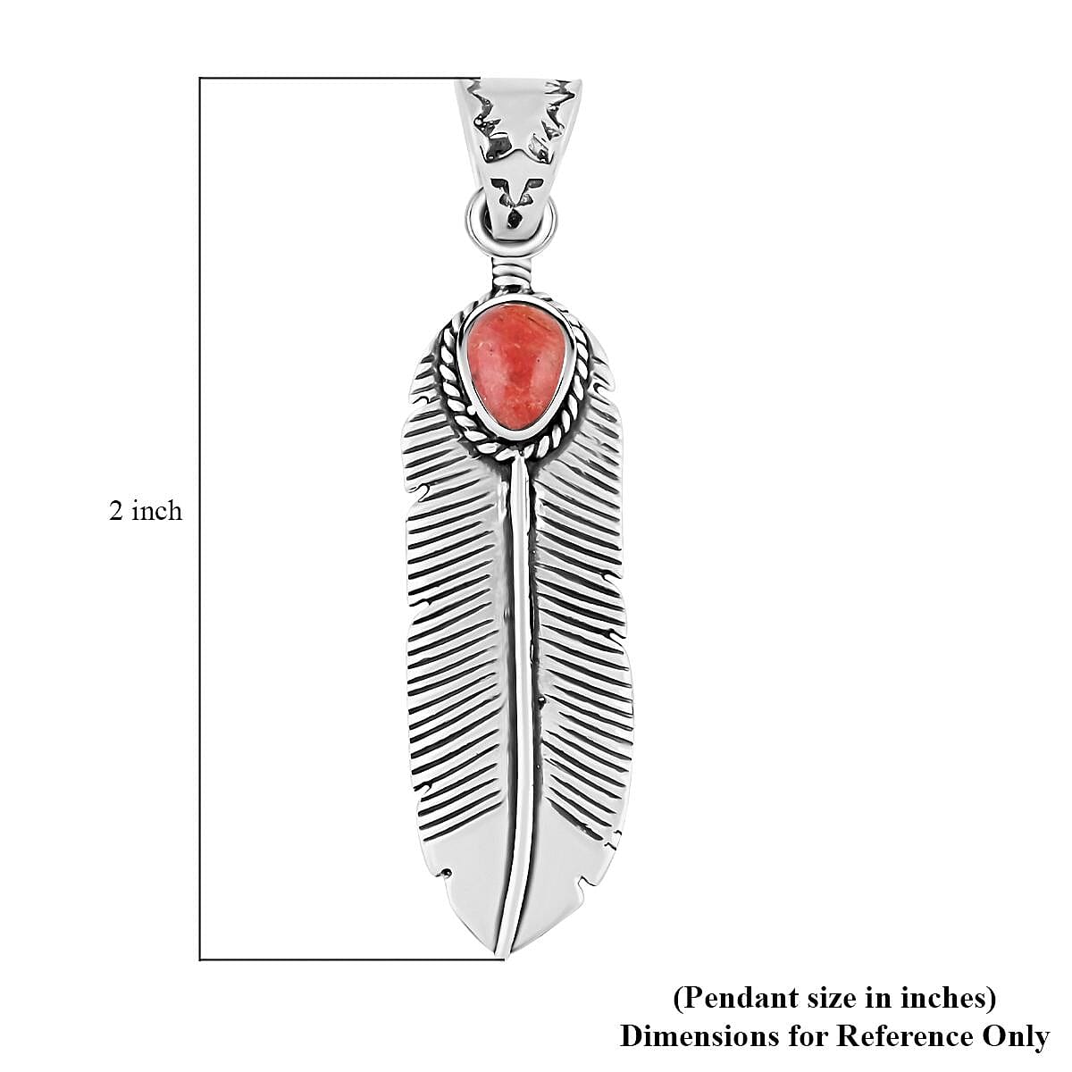 Santa Fe Style Red Coral Feather Pendant without Chain in Sterling Silver 3.00 ctw