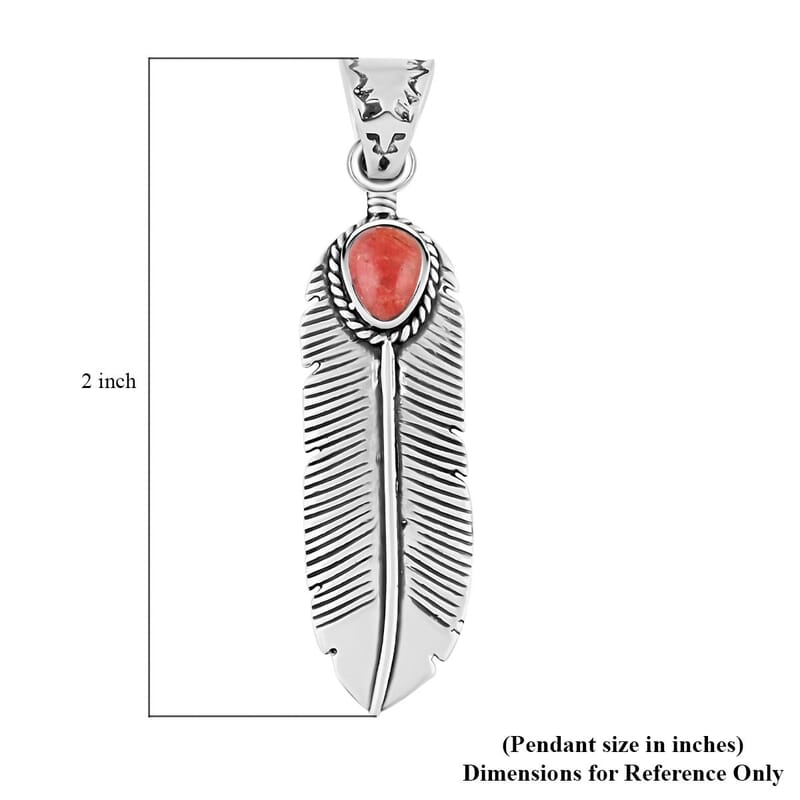 Santa Fe Style Red Coral Feather Pendant without Chain in Sterling Silver 3.00 ctw