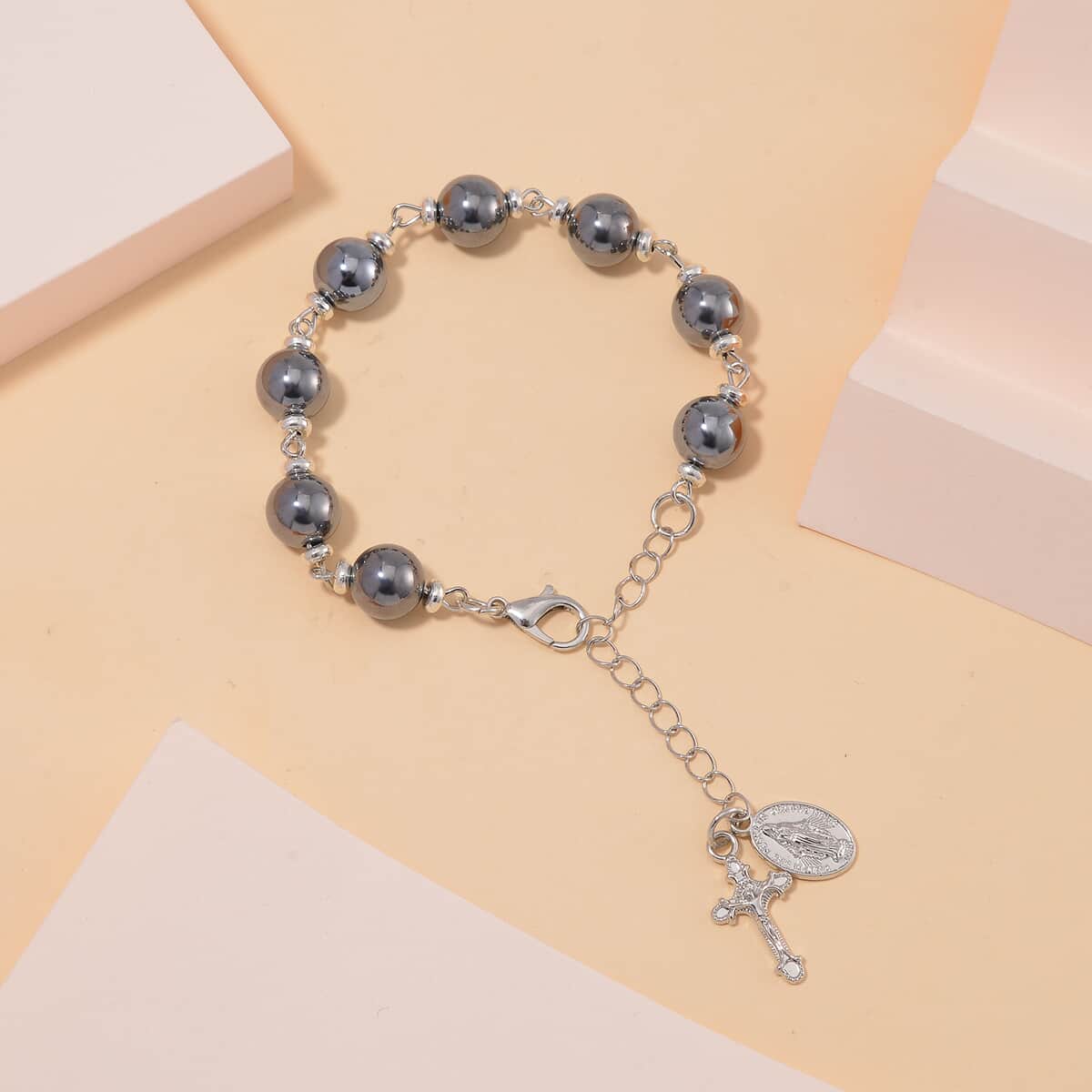 Terahertz Beaded Rosary Bracelet in Silvertone and Stainless Steel (7.0-9.0In) 60.00 ctw image number 1