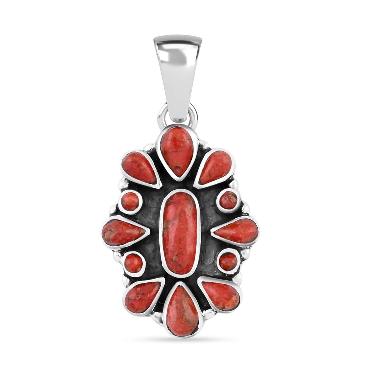 Santa Fe Style Red Coral Pendant in Sterling Silver image number 0