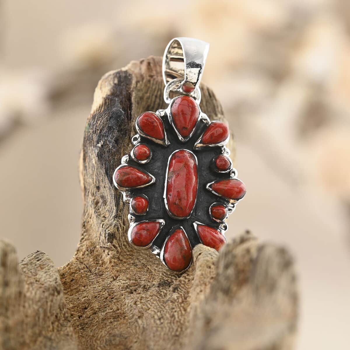 Santa Fe Style Red Coral Pendant in Sterling Silver image number 1