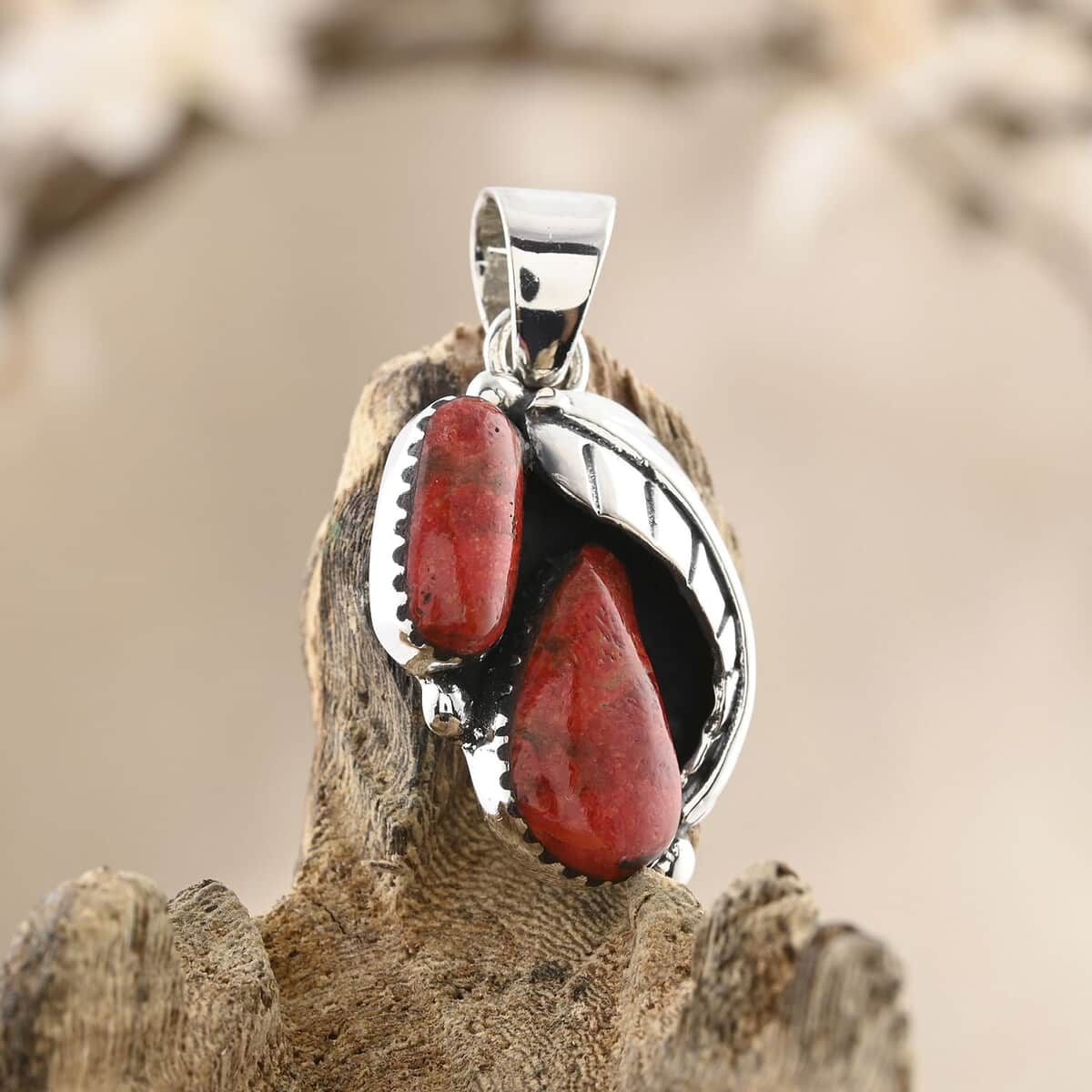 Santa Fe Style Red Coral Pendant in Sterling Silver image number 1