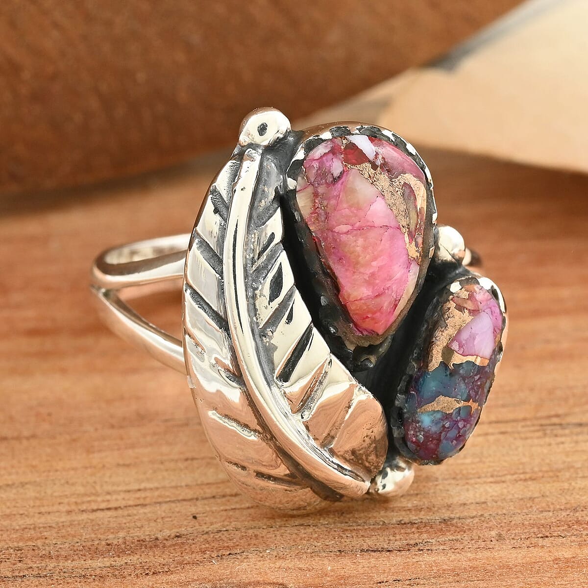 Santa Fe Style Rainbow Turquoise Leaf Ring in Sterling Silver (Size 10.0) 1.20 ctw image number 1