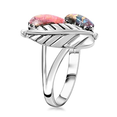 Santa Fe Style Rainbow Turquoise Leaf Ring in Sterling Silver (Size 10.0) 1.20 ctw