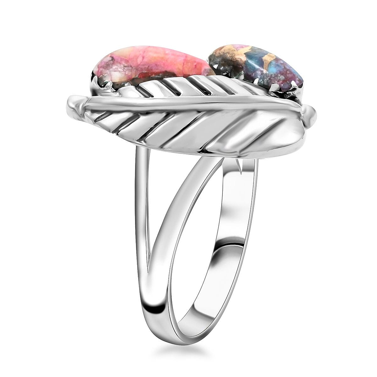 Santa Fe Style Rainbow Turquoise Leaf Ring in Sterling Silver (Size 7.0) 1.20 ctw image number 3
