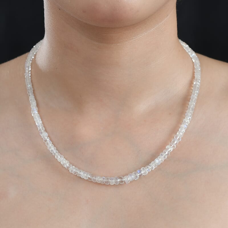 AAA Moon Glow Moonstone Beaded Necklace 18-20 Inches in Rhodium Over Sterling Silver 81.40 ctw