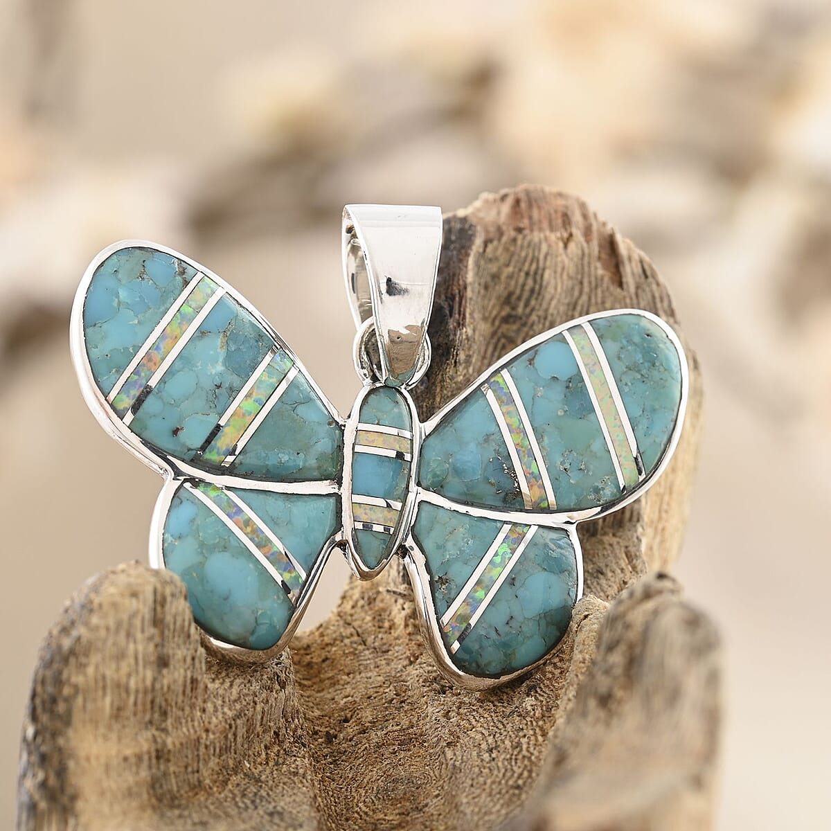 Santa Fe Style Turquoise, Opal Butterfly Pendant in Sterling Silver 11.00 ctw image number 1
