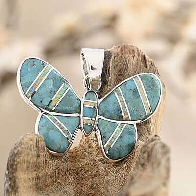 Santa Fe Style Turquoise, Opal Butterfly Pendant in Sterling Silver 11.00 ctw