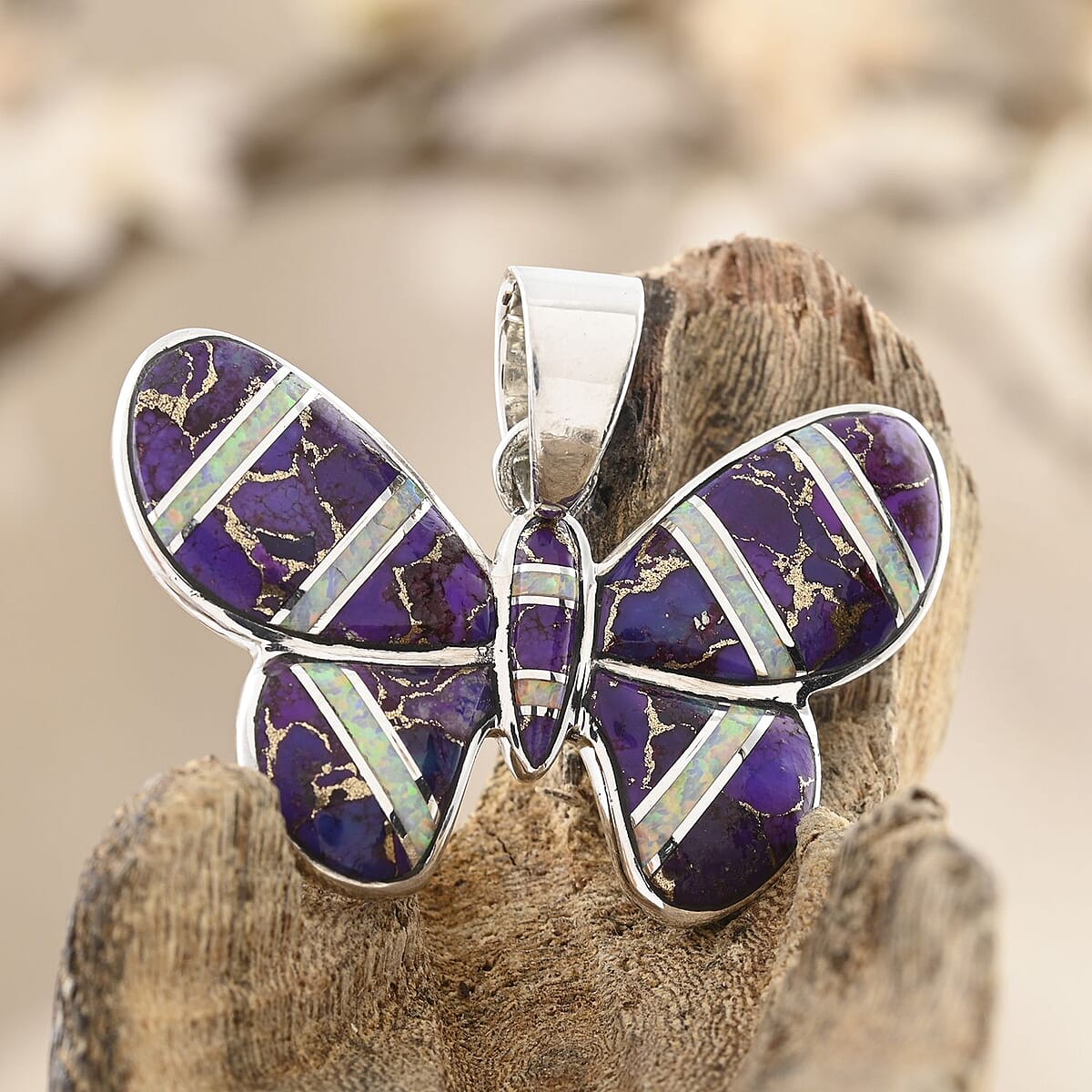 Santa Fe Style Mojave Purple Turquoise and Opal Butterfly Pendant in Sterling Silver 11.00 ctw image number 1