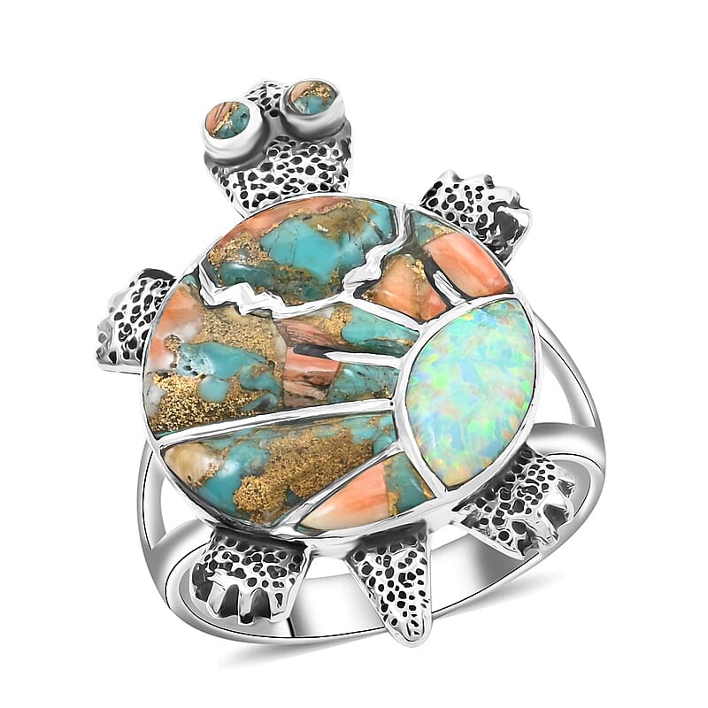 Santa Fe Style Spiny Turquoise and Opal Ring in Sterling Silver (Size 10.0) 1.10 ctw