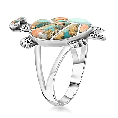 Santa Fe Style Spiny Turquoise and Opal Ring in Sterling Silver (Size 10.0) 1.10 ctw