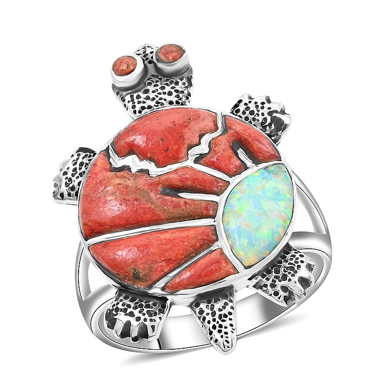 Santa Fe Style Red Coral and Opal Ring in Sterling Silver (Size 10.0) 1.10 ctw