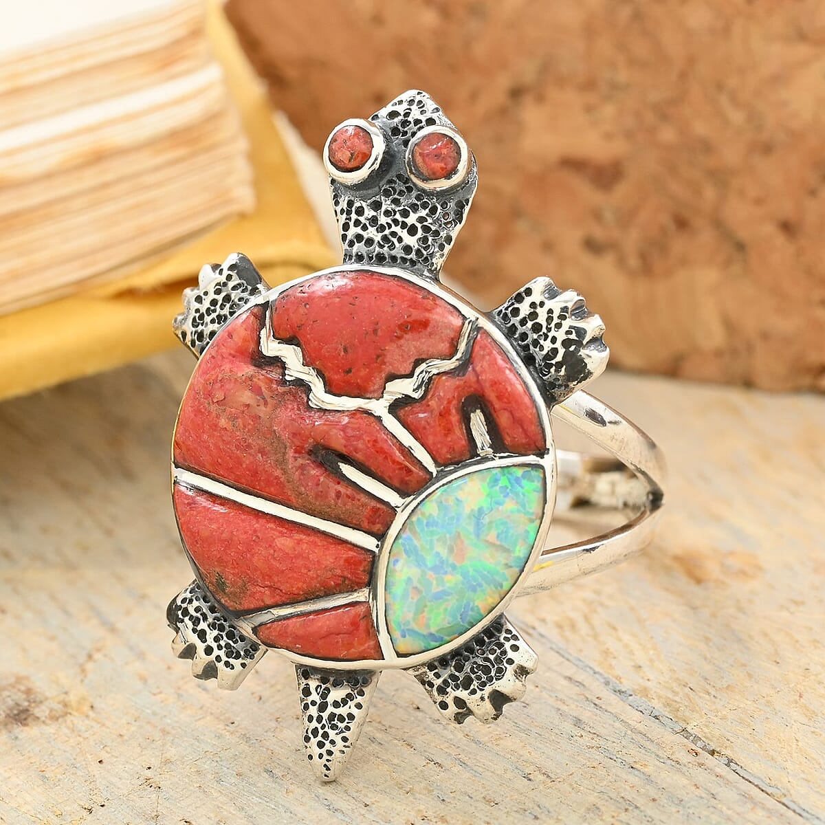 Santa Fe Style Red Coral and Opal Ring in Sterling Silver (Size 6.0) 1.10 ctw image number 1