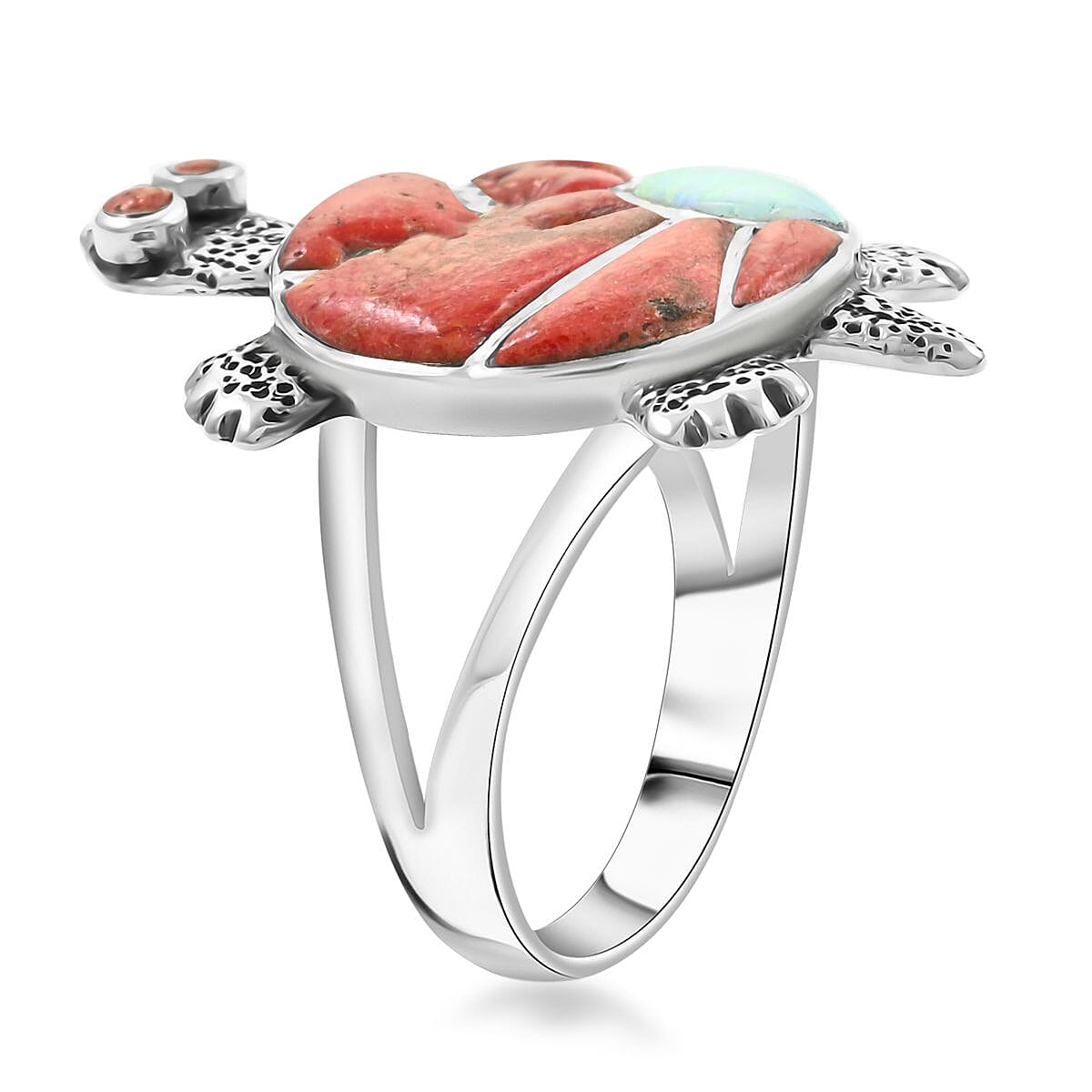 Santa Fe Style Red Coral and Opal Ring in Sterling Silver (Size 6.0) 1.10 ctw image number 3