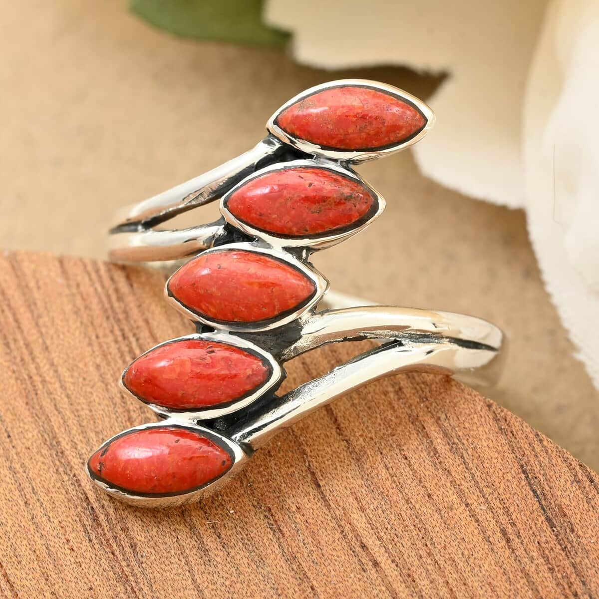 Santa Fe Style Red Coral Ring in Sterling Silver (Size 10.0) image number 1