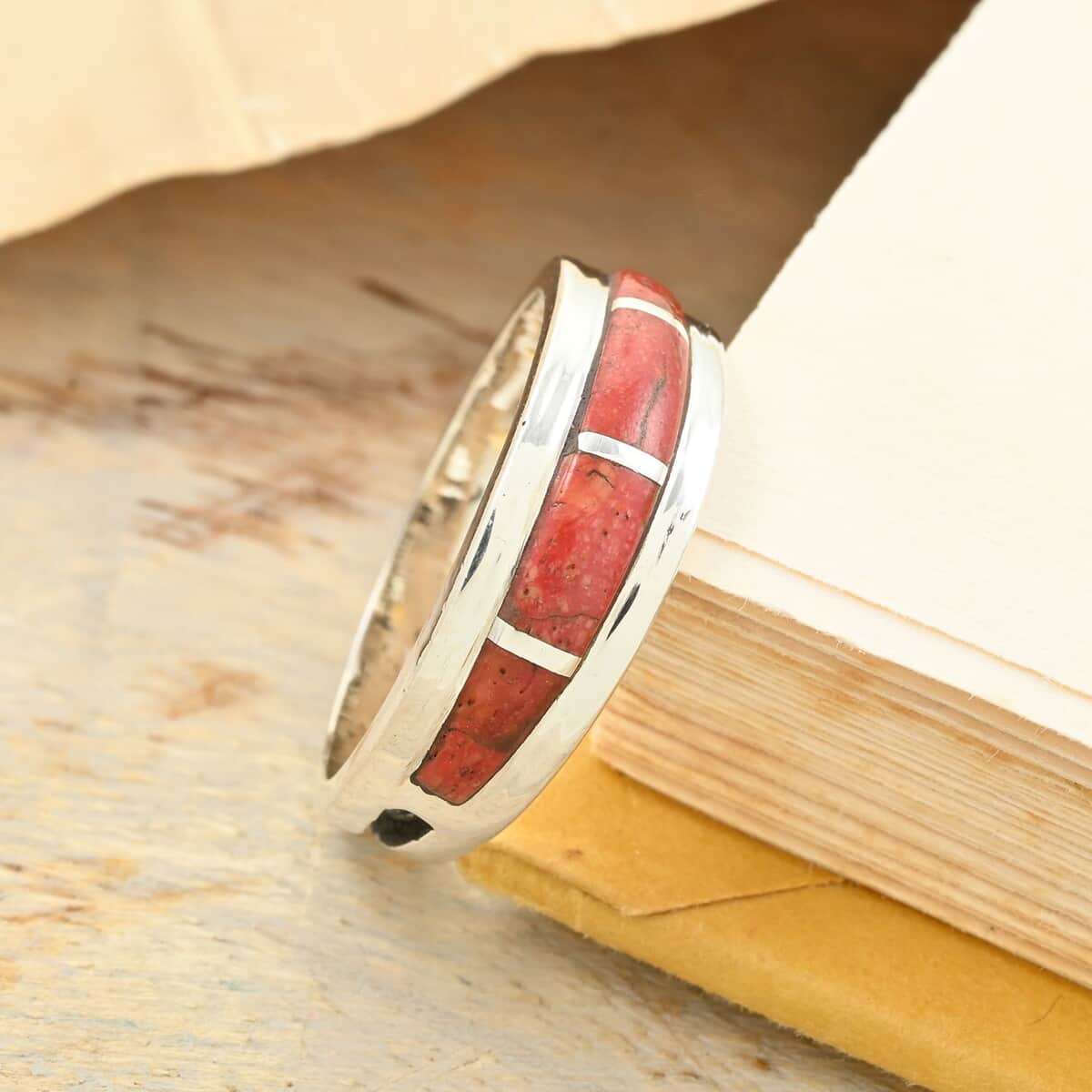 Santa Fe Style Red Coral Ring in Sterling Silver image number 1