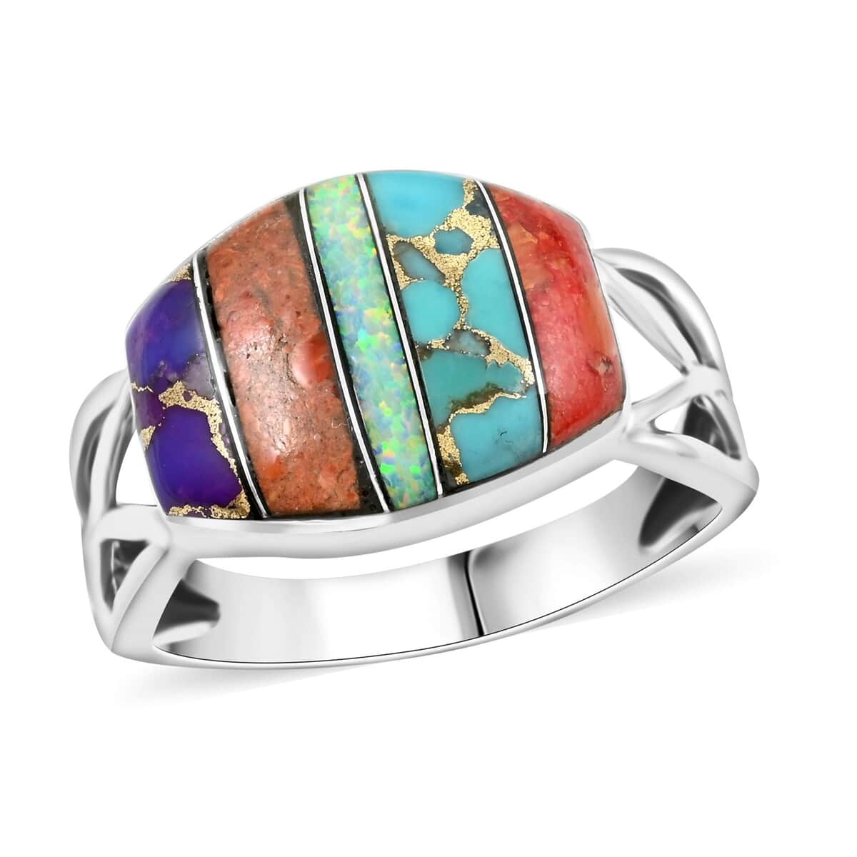 Santa Fe Style Red Coral, Multi Gemstone Ring in Sterling Silver (Size 10.0) 3.50 ctw image number 0