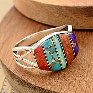 Santa Fe Style Red Coral, Multi Gemstone Ring in Sterling Silver (Size 10.0) 3.50 ctw