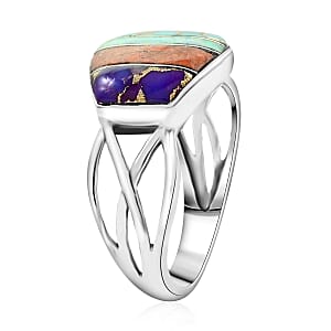 Santa Fe Style Red Coral, Multi Gemstone Ring in Sterling Silver (Size 10.0) 3.50 ctw