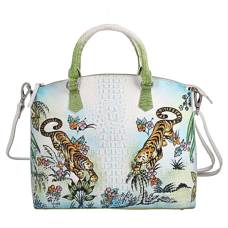 Sukriti White Tiger with Nature Hand Painted Croco Embossed Genuine Leather Handbag With Adjustable Strap