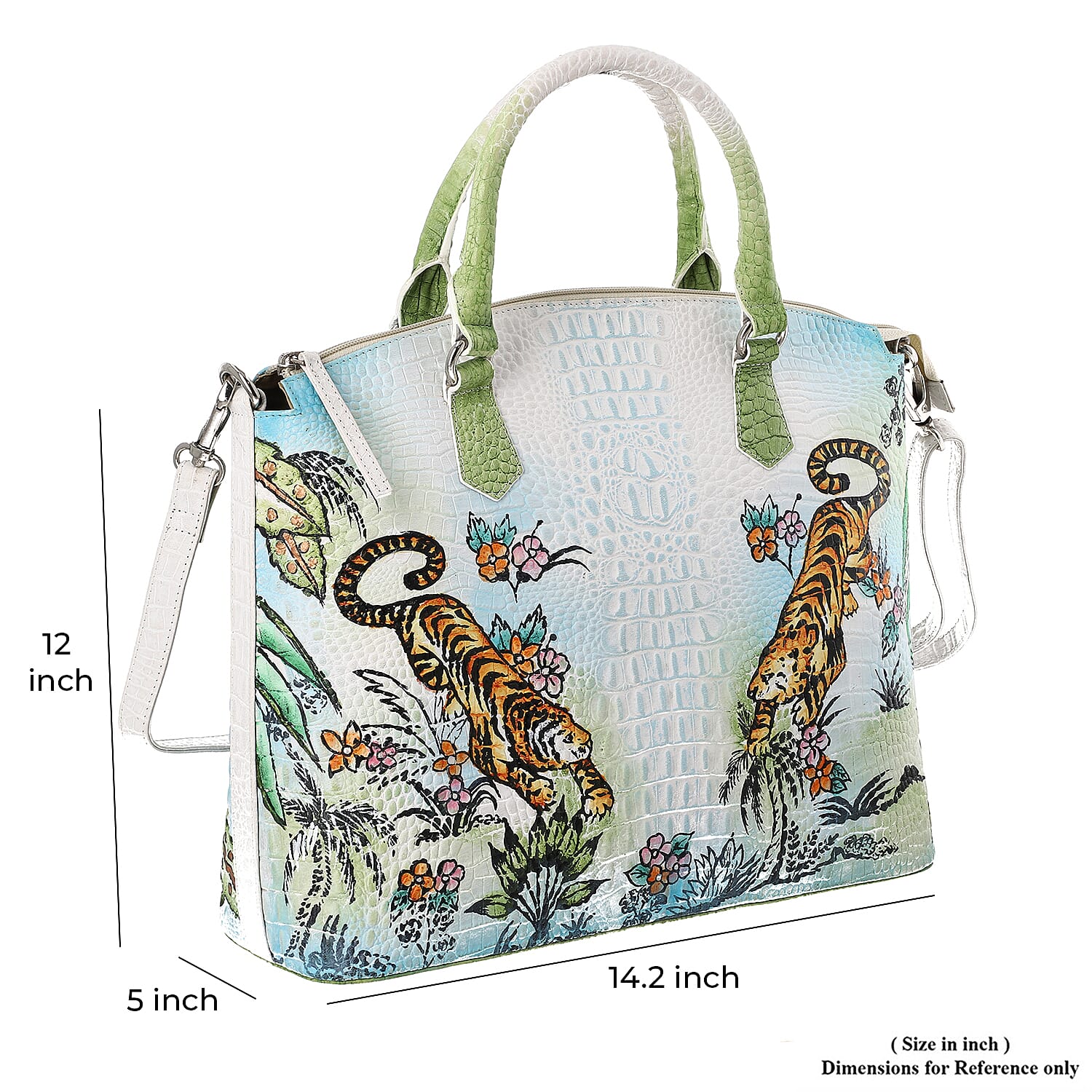 Sukriti White Tiger with Nature Hand Painted Croco Embossed Genuine Leather Handbag With Adjustable Strap