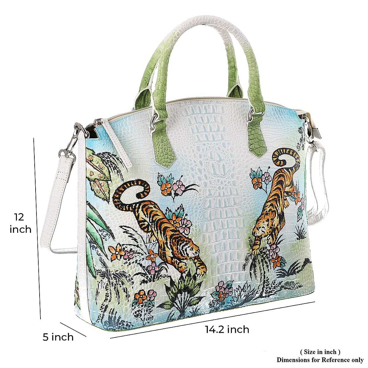 Sukriti White Tiger with Nature Hand Painted Croco Embossed Genuine Leather Handbag With Adjustable Strap image number 4