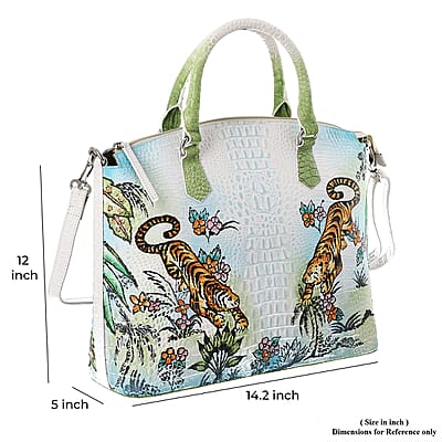 Sukriti White Tiger with Nature Hand Painted Croco Embossed Genuine Leather Handbag With Adjustable Strap