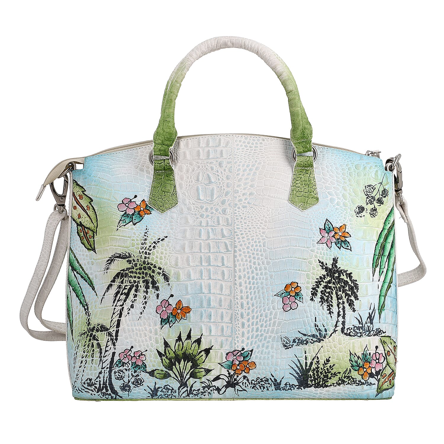Sukriti White Tiger with Nature Hand Painted Croco Embossed Genuine Leather Handbag With Adjustable Strap