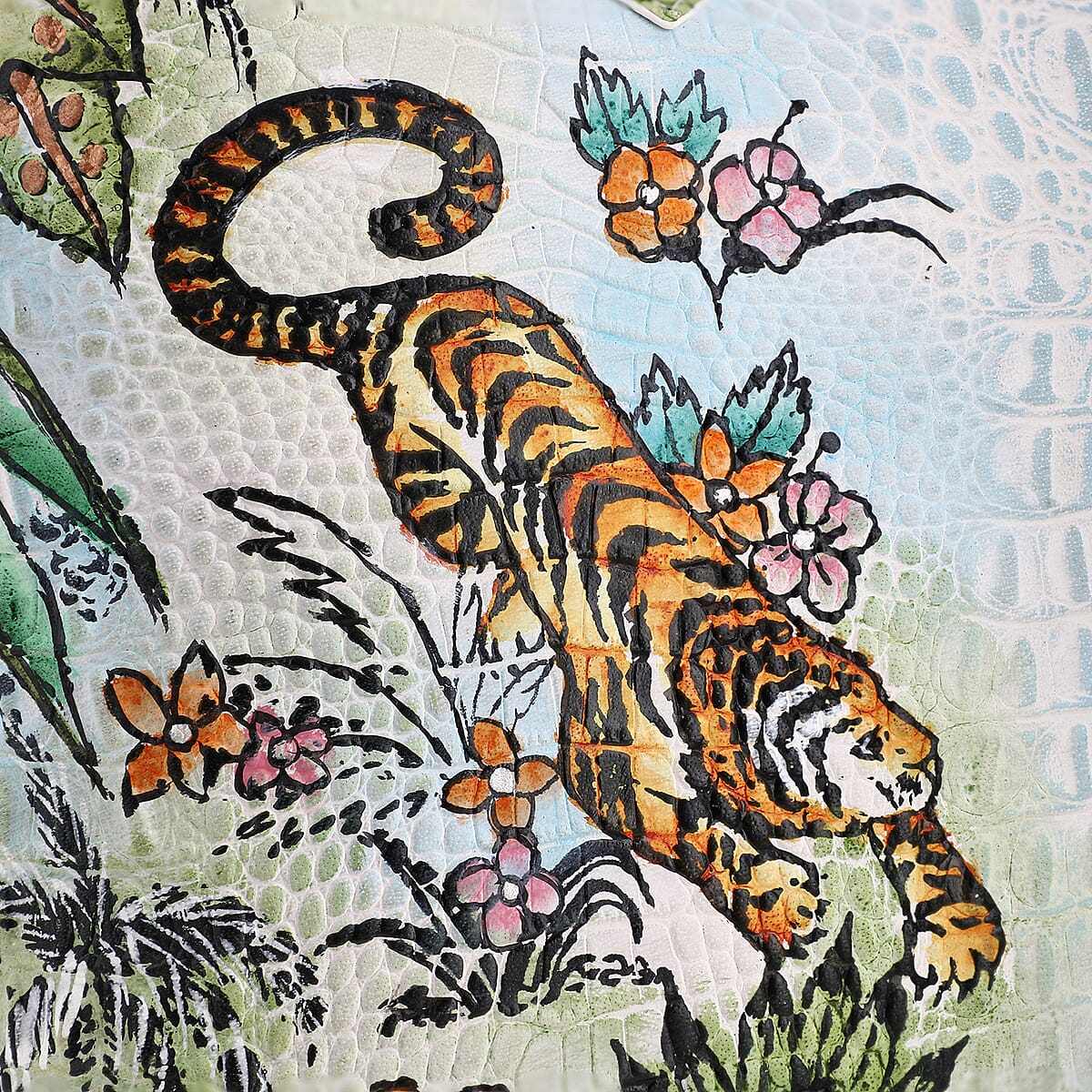 Sukriti White Tiger with Nature Hand Painted Croco Embossed Genuine Leather Handbag With Adjustable Strap image number 8