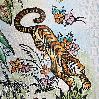 Sukriti White Tiger with Nature Hand Painted Croco Embossed Genuine Leather Handbag With Adjustable Strap