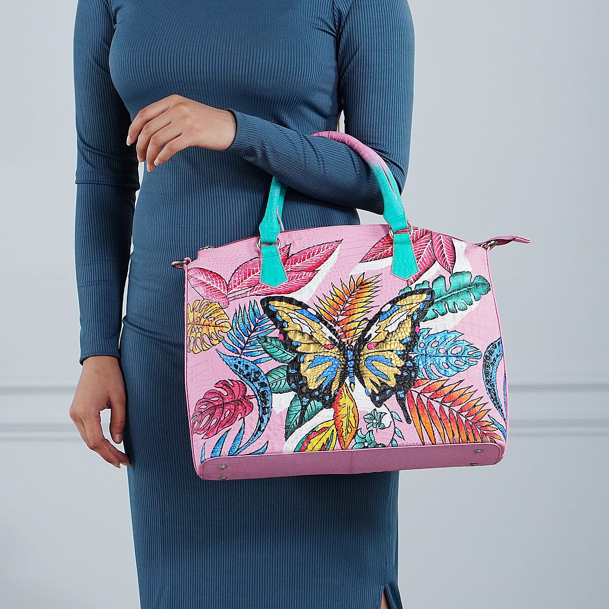 Sukriti Pink Butterfly Hand Painted Croco Embossed Genuine Leather Handbag With Adjustable Strap image number 1