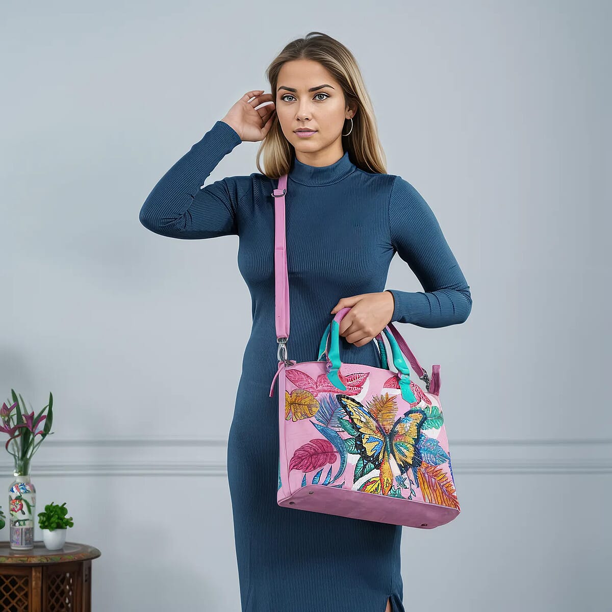 Sukriti Pink Butterfly Hand Painted Croco Embossed Genuine Leather Handbag With Adjustable Strap image number 3