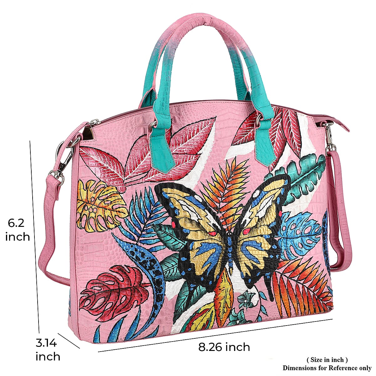 Sukriti Pink Butterfly Hand Painted Croco Embossed Genuine Leather Handbag With Adjustable Strap image number 4